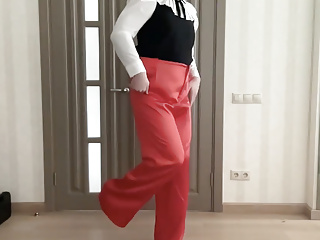 Sissy Secretary In Silk Satin Red Wide Leg Trousers, High Heels And School Office Blouse Waiting Her Wife To Be Fucked free video