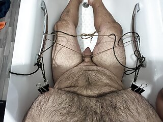 Cock And Nipple Bondage In The Bath With Hands Free Cumshot At The End free video