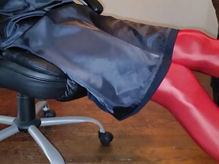 Blue Lined Office Skirt With Red Shiny Pantyhose free video