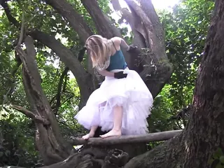 Crazy Slut Climbs A Tree And Wildly Rubs Her Pussy On The Branch